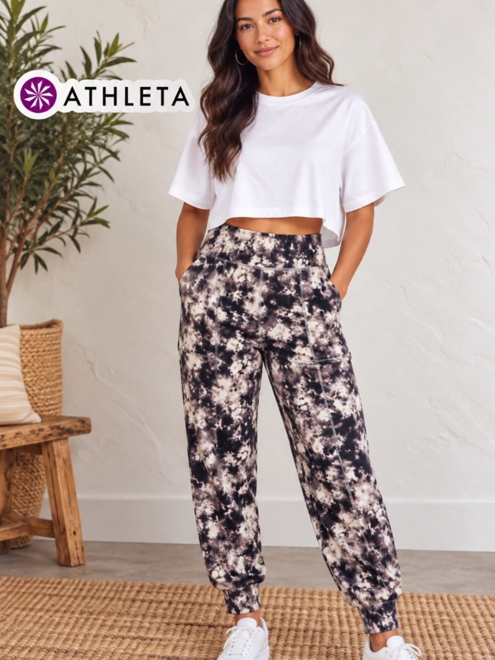Athleta Salutation Printed Jogger in black, white, and brown floral tie-dye